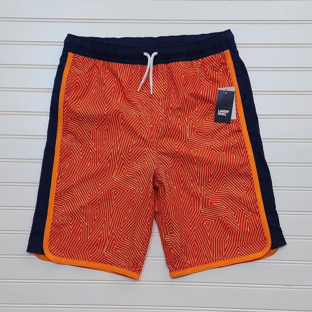 NWT Lands End Boys Pattern Stretch Swim Trunks Size L (14-16) Fiery Red & Navy